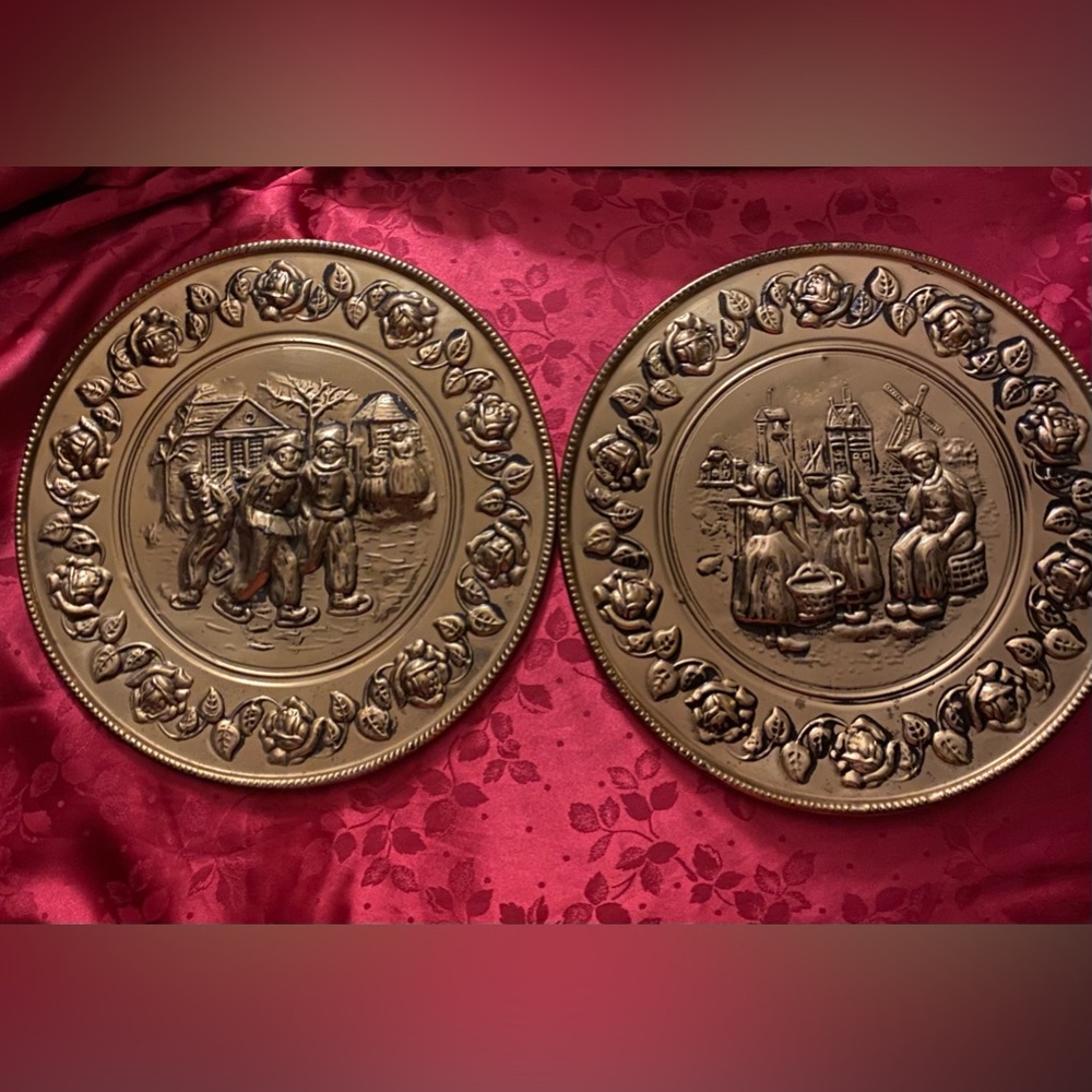 Set of 2 Vintage Old World Brass Plates - Dutch Scenes